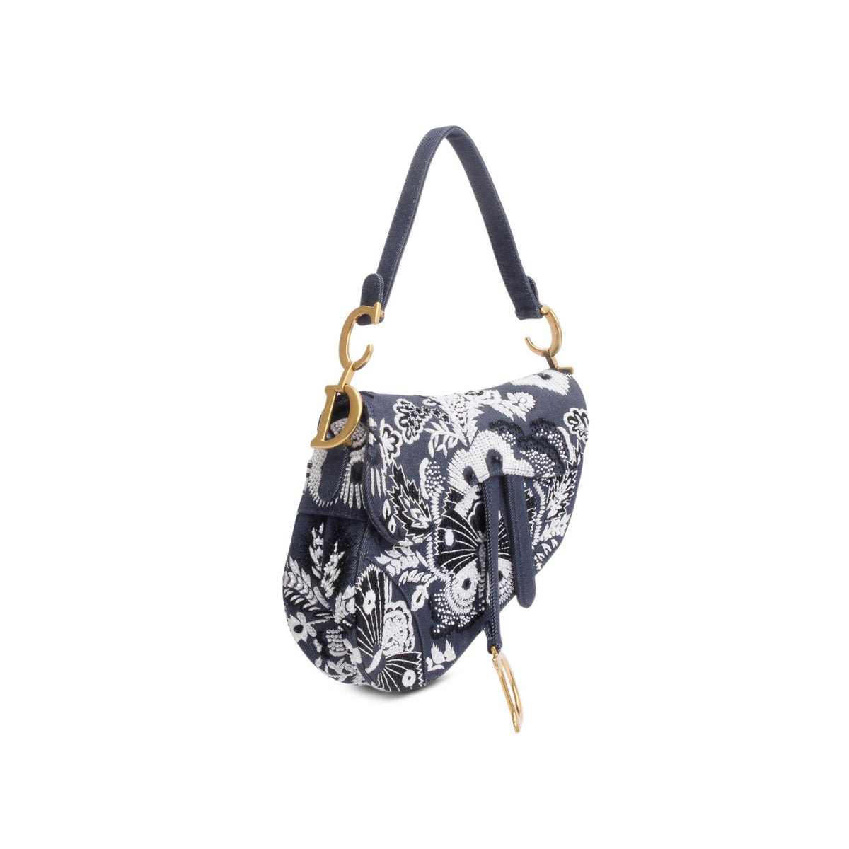 Christian Dior 2023 Blue Denim Embroidered Strass Beaded Butterfly & Flowers Medium Saddle Bag Rovelle Bags