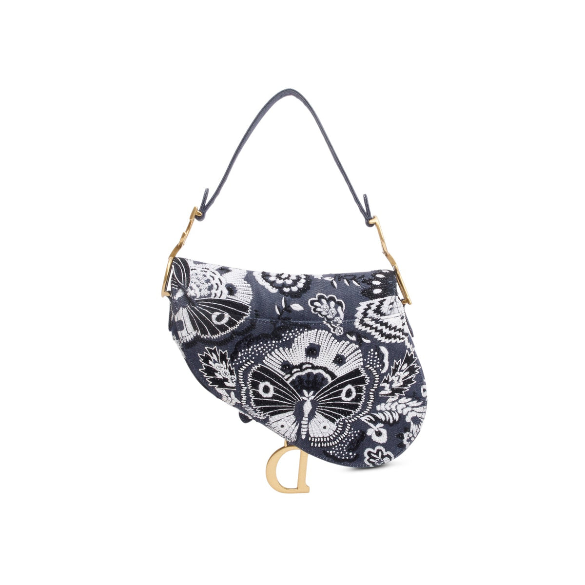 Christian Dior 2023 Blue Denim Embroidered Strass Beaded Butterfly & Flowers Medium Saddle Bag Rovelle Bags