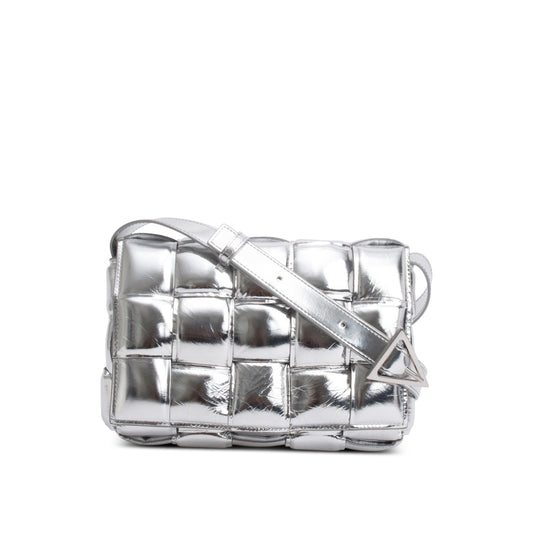 Bottega Veneta Silver Metallic Nappa Intrecciato Padded Chain Cassette Bag