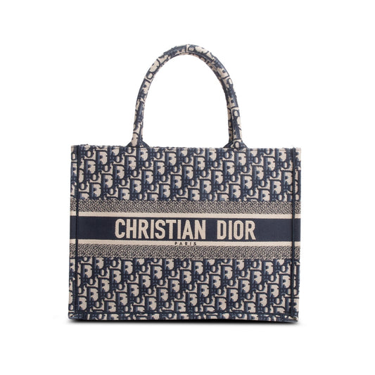 Christian Dior 2023 Ecru and Blue Oblique Embroidery Medium Book Tote Rovelle Bags
