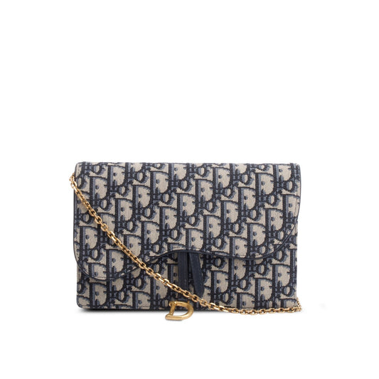 Christian Dior 2021 Blue Oblique Medium Saddle Pouch with Chain Rovelle Bags