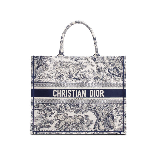 Christian Dior 2024 Large Ecru and Blue Toile de Jouy Embroidery Canvas Book Tote Rovelle Bags