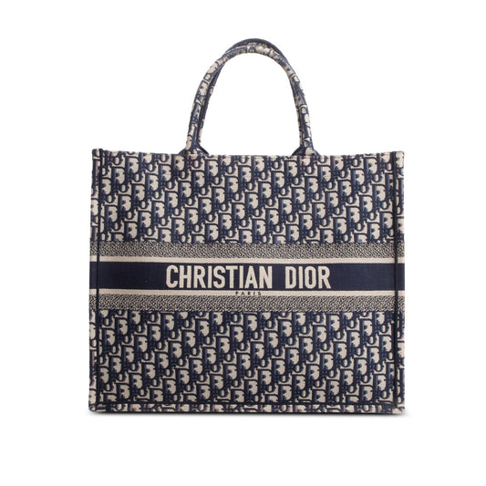 Christian Dior Ecru and Blue Dior Oblique Embroidery Large Book Tote Rovelle Bags