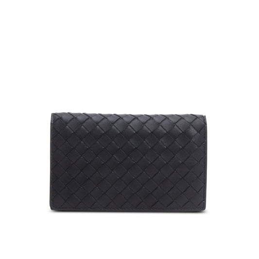 Bottega Veneta Black Intrecciato Calfskin Leather Bi-Fold Compact Wallet