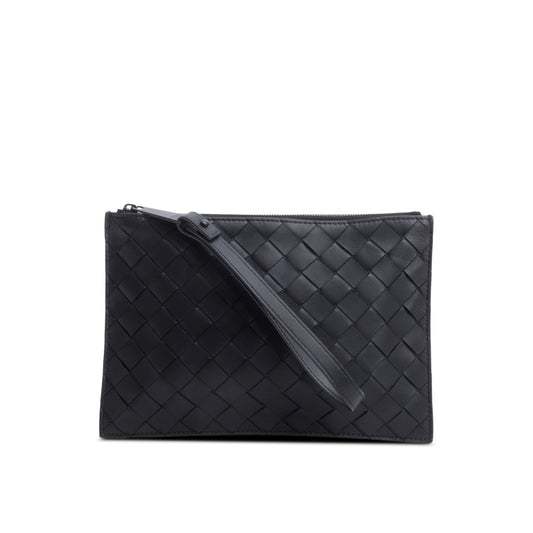 Bottega Veneta Black Nappa Leather Intrecciato Flat Pouch