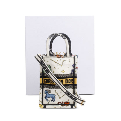 Christian Dior 2022 Cream Canvas Embroidered Pixel Zodiac Mini Book Tote Phone Bag Rovelle Bags