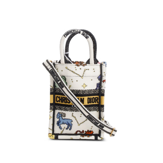 Christian Dior 2022 Cream Canvas Embroidered Pixel Zodiac Mini Book Tote Phone Bag Rovelle Bags