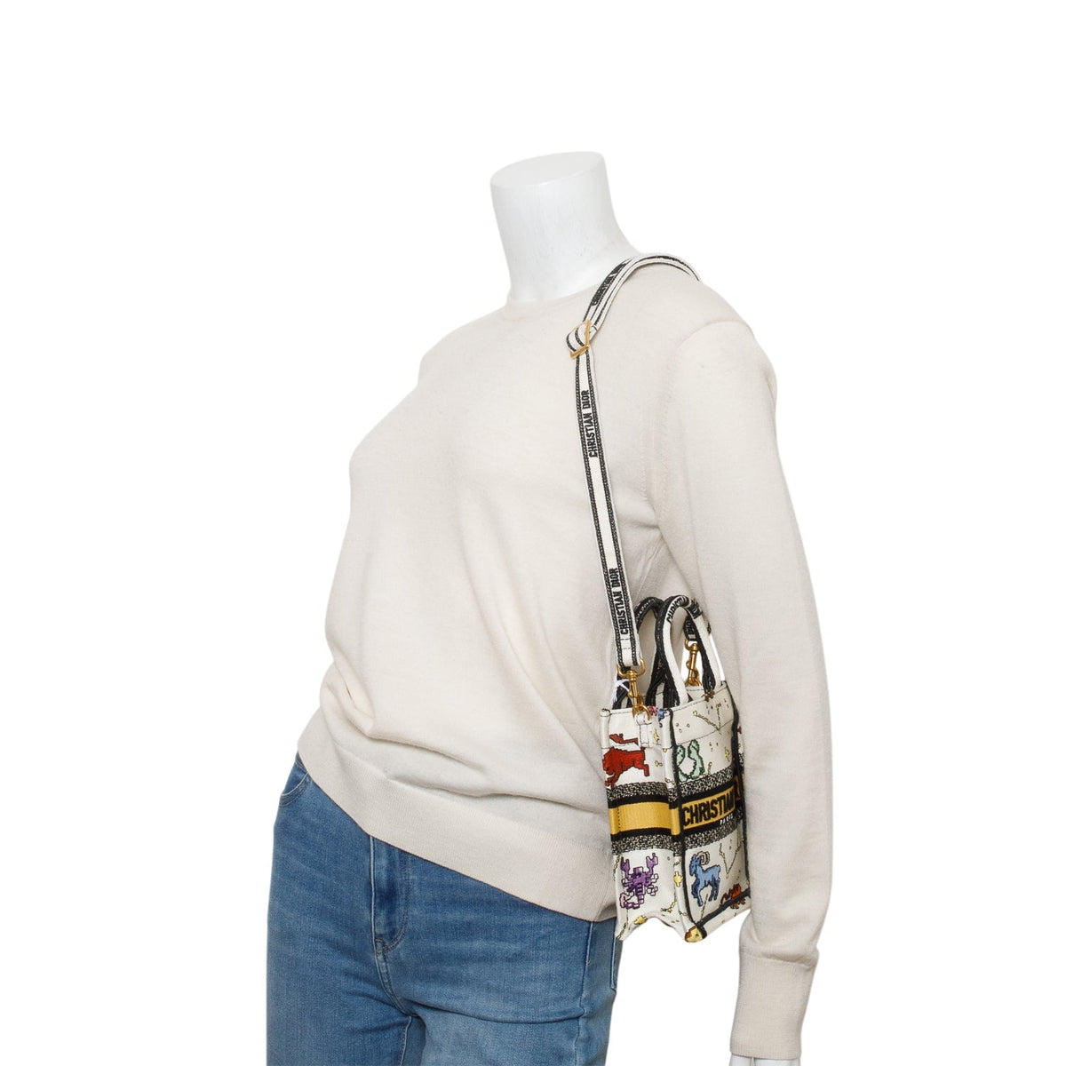 Christian Dior 2022 Cream Canvas Embroidered Pixel Zodiac Mini Book Tote Phone Bag Rovelle Bags