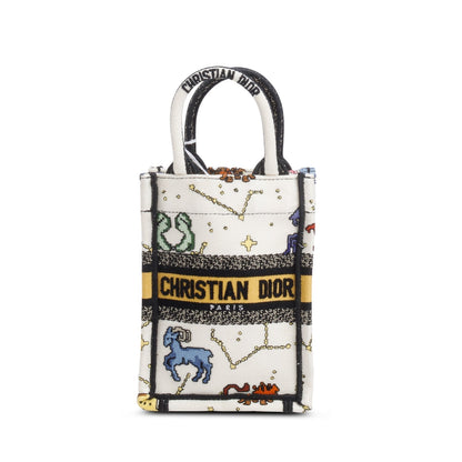 Christian Dior 2022 Cream Canvas Embroidered Pixel Zodiac Mini Book Tote Phone Bag Rovelle Bags
