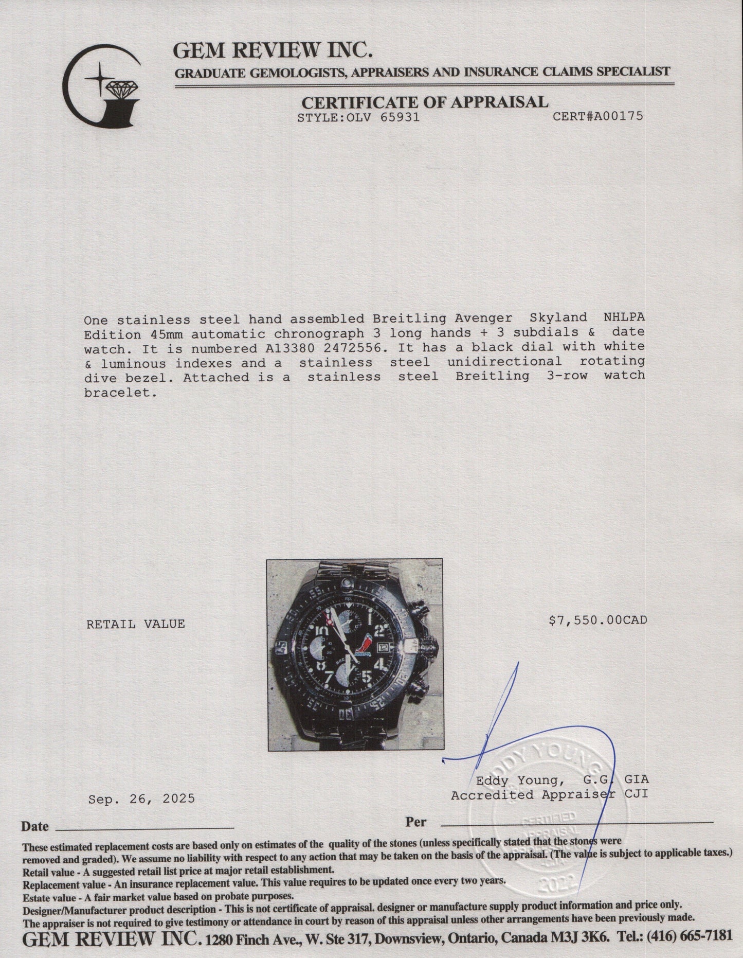 Breitling Stainless Steel Avenger Skyland NHLPA Edition 45 MM Automatic Chronograph Watch Black Dial A13380