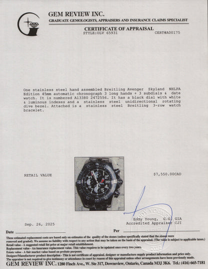 Breitling Stainless Steel Avenger Skyland NHLPA Edition 45 MM Automatic Chronograph Watch Black Dial A13380