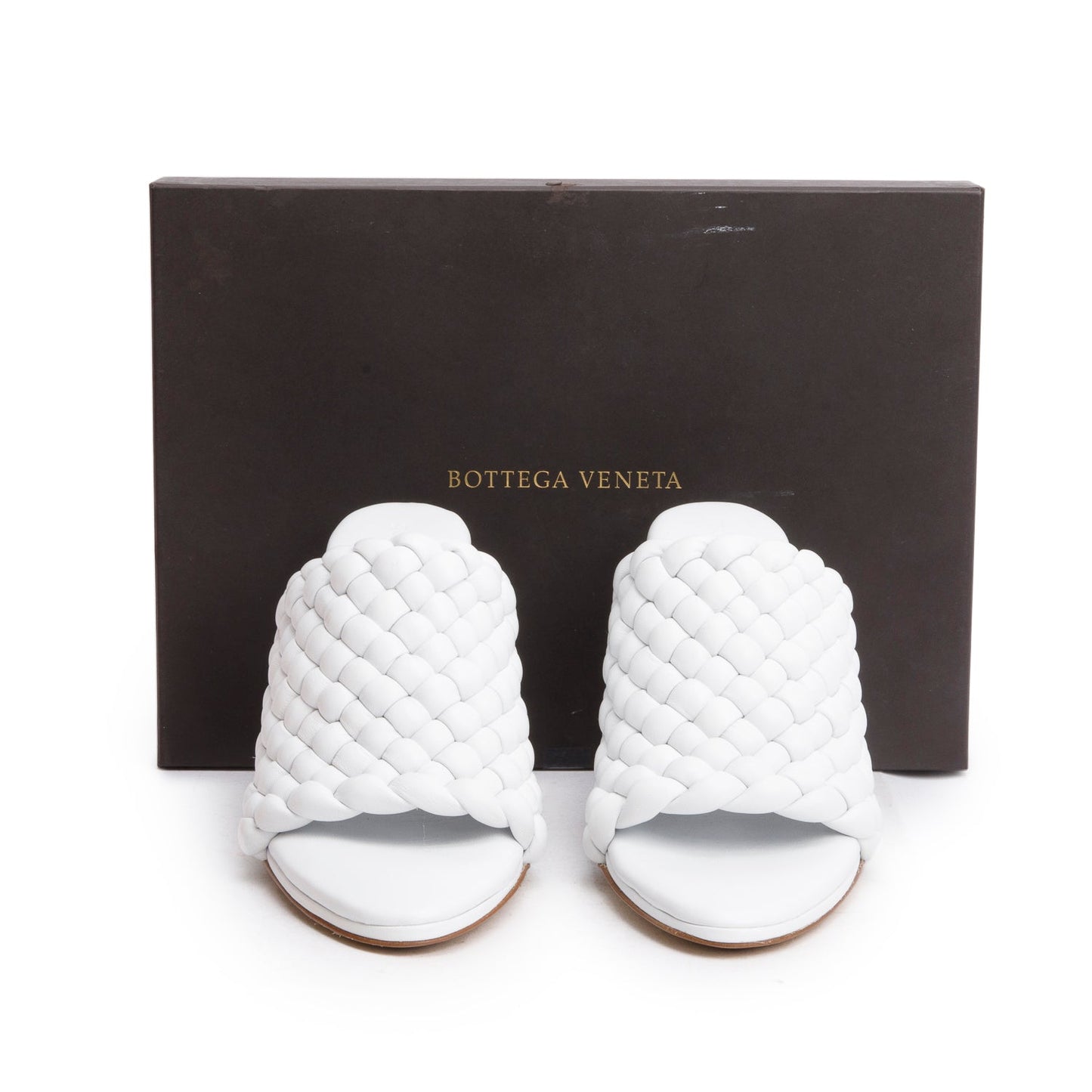 Bottega Veneta White Nappa Leather Padded Intreccio The Curve Mule Sandals, Size 38
