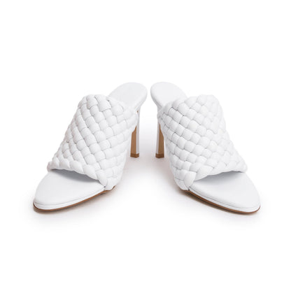 Bottega Veneta White Nappa Leather Padded Intreccio The Curve Mule Sandals, Size 38