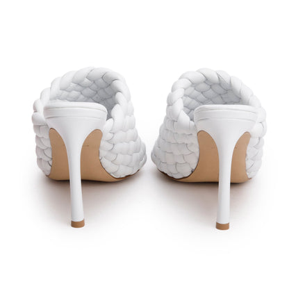 Bottega Veneta White Nappa Leather Padded Intreccio The Curve Mule Sandals, Size 38