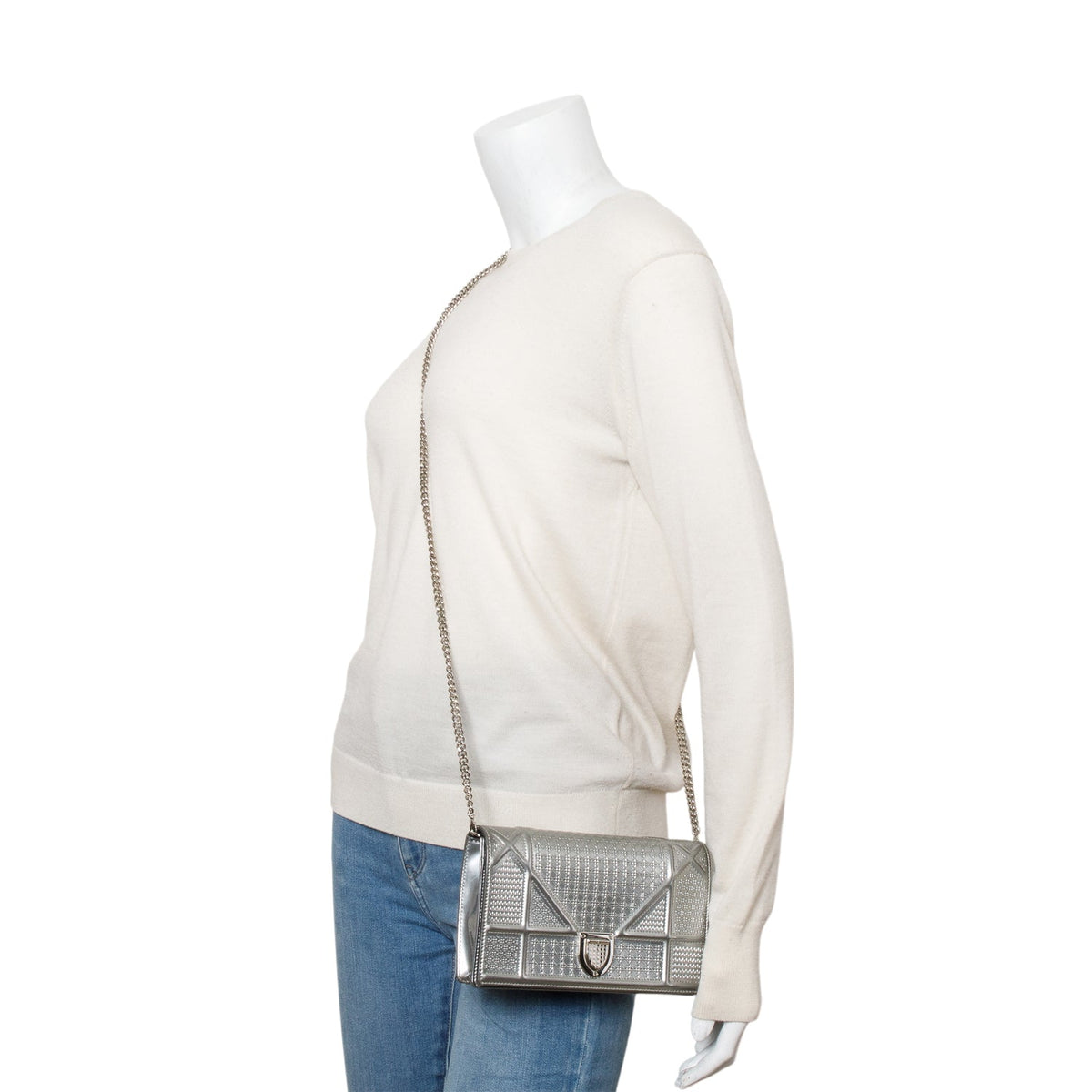 Christian Dior Silver Metallic Patent Calfskin Micro-Cannage Diorama Wallet on Chain Rovelle Bags