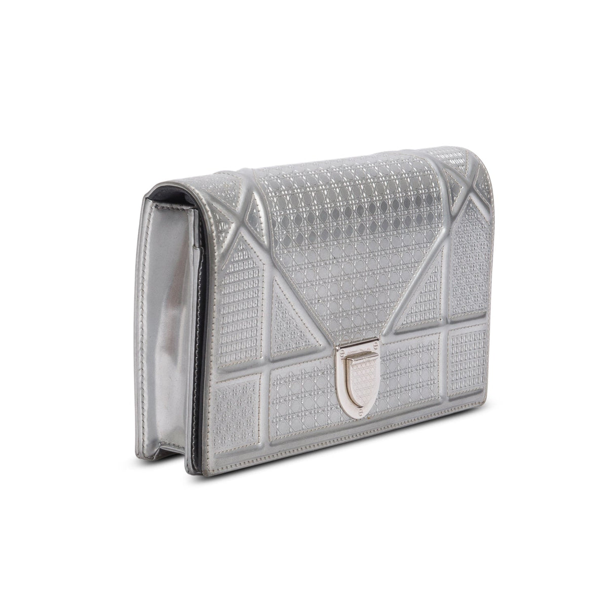 Christian Dior Silver Metallic Patent Calfskin Micro-Cannage Diorama Wallet on Chain Rovelle Bags
