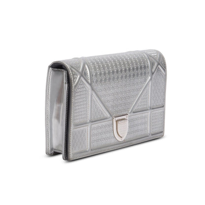 Christian Dior Silver Metallic Patent Calfskin Micro-Cannage Diorama Wallet on Chain Rovelle Bags
