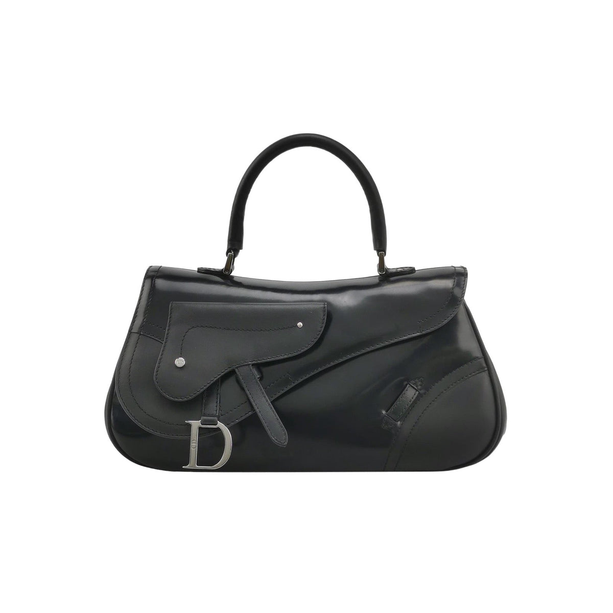 Dior Top Handle Saddle Bag Black Smooth Shiny Calfskin Leather Rovelle Bags