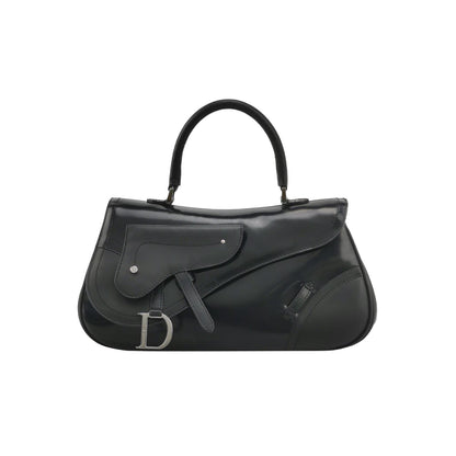 Dior Top Handle Saddle Bag Black Smooth Shiny Calfskin Leather Rovelle Bags