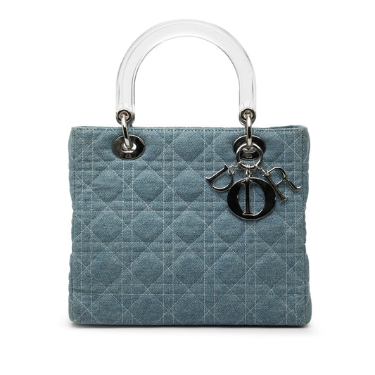 Blue Dior Medium Denim Cannage Acrylic Handles Lady Dior Satchel Rovelle Bags