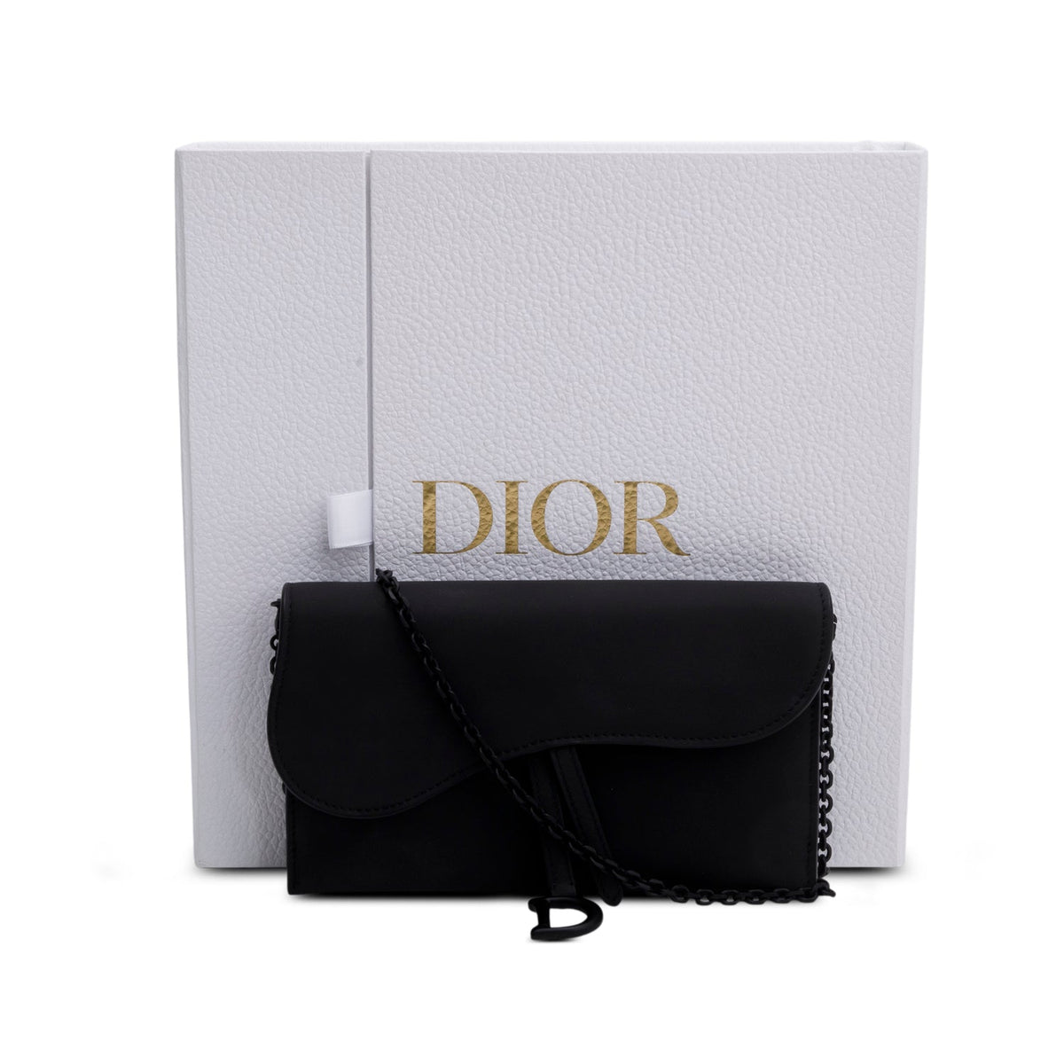 Christian Dior 2022 Black Ultra Matte Calfskin Saddle Chain Wallet Pouch Rovelle Bags