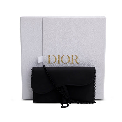 Christian Dior 2022 Black Ultra Matte Calfskin Saddle Chain Wallet Pouch Rovelle Bags