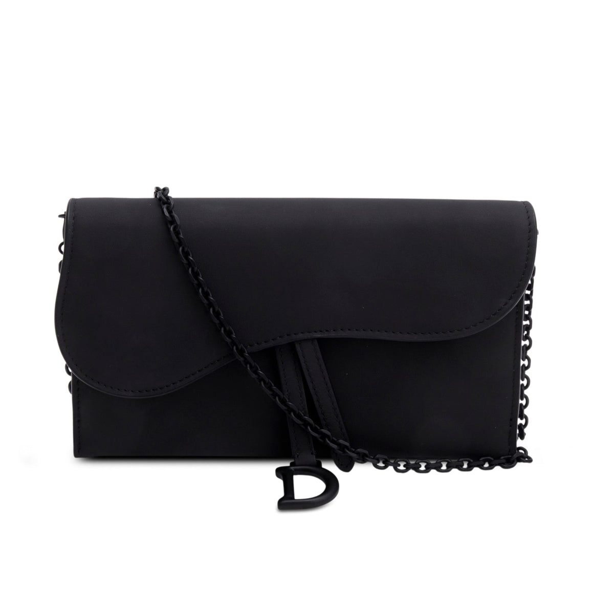 Christian Dior 2022 Black Ultra Matte Calfskin Saddle Chain Wallet Pouch Rovelle Bags