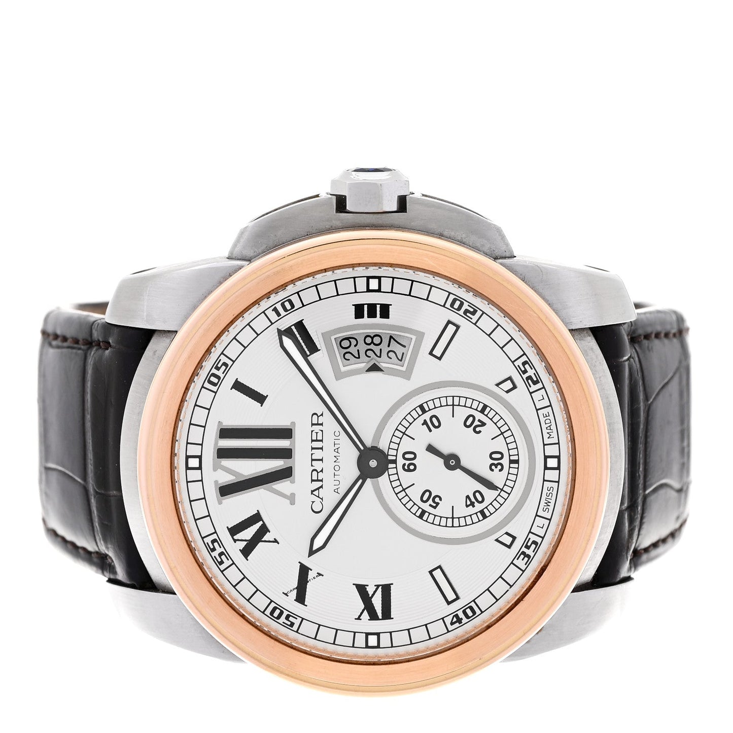 Stainless Steel 18K Pink Gold Alligator 42mm Calibre de Cartier Automatic Watch Brown