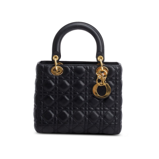 Christian Dior Black Cannage Lambskin Leather Medium Lady Dior Bag Rovelle Bags