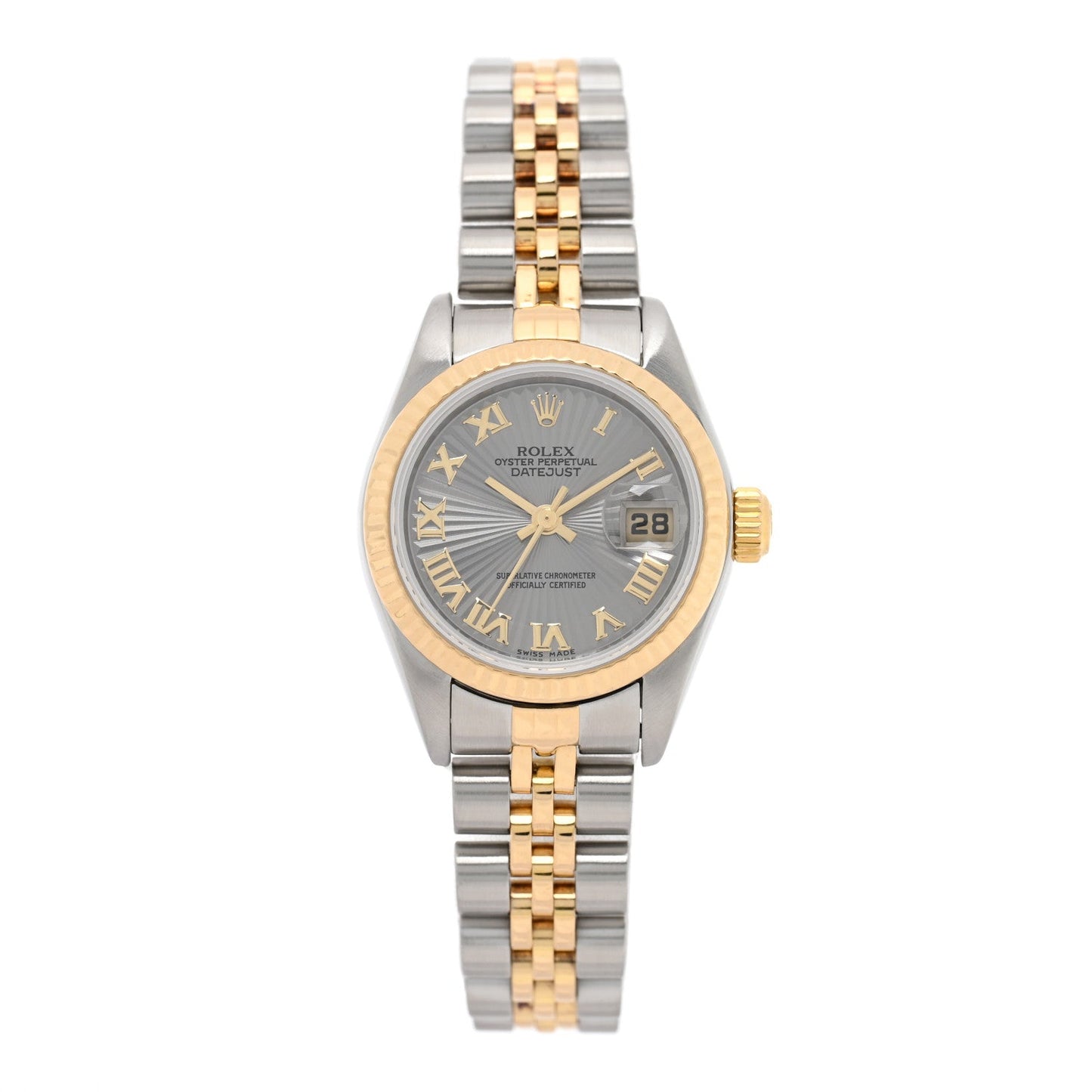Stainless Steel 18K Yellow Gold 26mm Oyster Perpetual Datejust Watch Silver Sunbeam Roman 79173