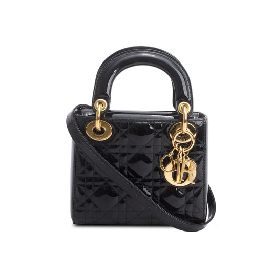 Christian Dior Black Cannage Patent Leather Mini Lady Dior Bag Rovelle Bags