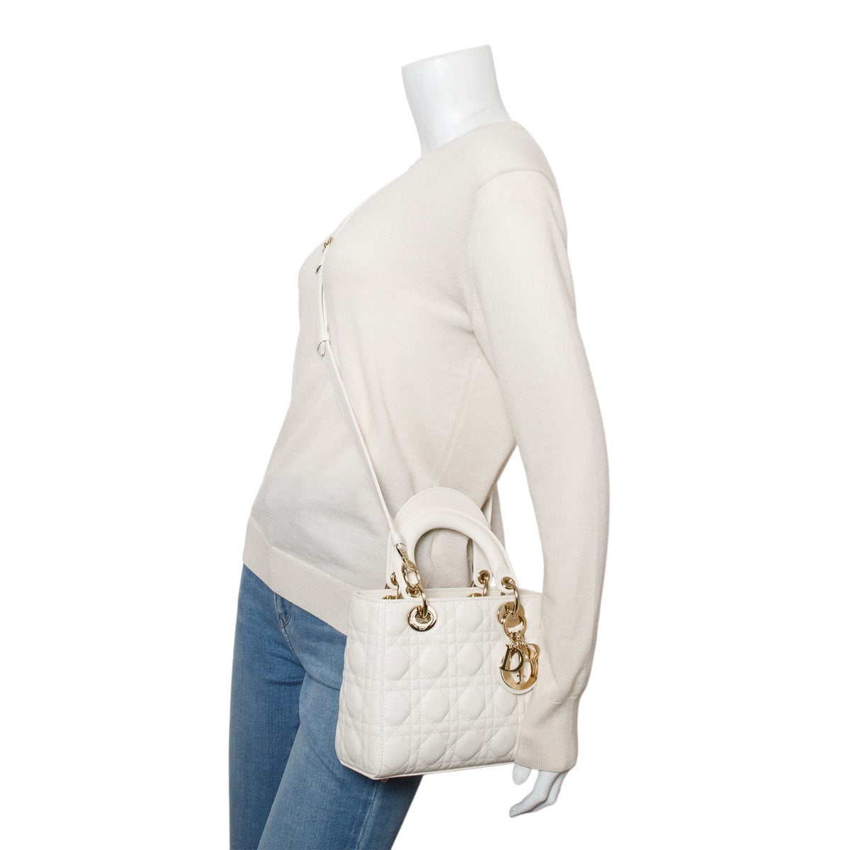 Christian Dior 2024 White Grained Cannage Calfskin Leather Small Lady Dior Bag Rovelle Bags