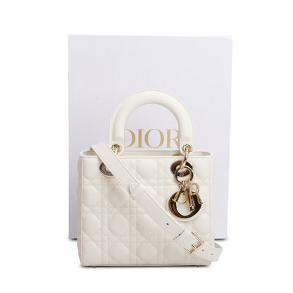 Christian Dior 2024 White Grained Cannage Calfskin Leather Small Lady Dior Bag Rovelle Bags