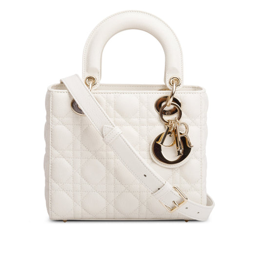 Christian Dior 2024 White Grained Cannage Calfskin Leather Small Lady Dior Bag Rovelle Bags