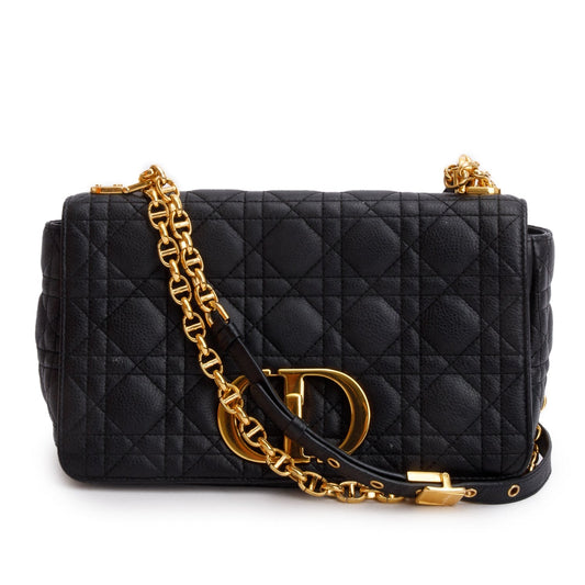 Christian Dior 2023 Black Supple Cannage Calfskin Medium Dior Caro Bag Rovelle Bags