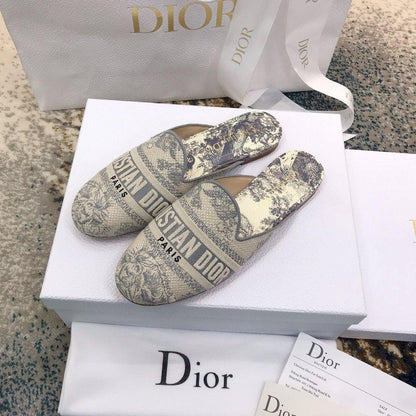 Dior Off Embroidered Cotton Flat Mules With Toile de Jouy Motif