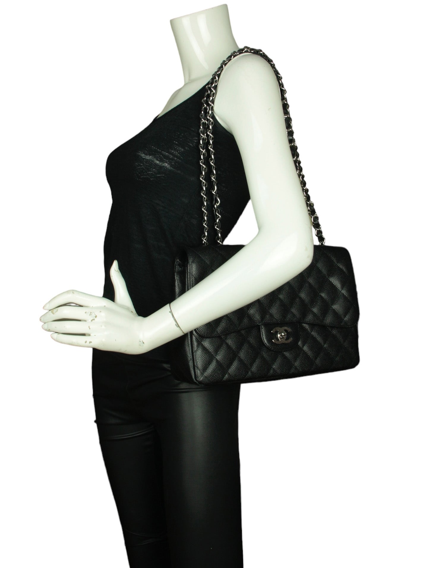 Chanel Black Caviar Leather Single Flap Jumbo Rovelle Bags