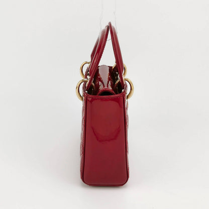 Lady Dior Mini Handbag Red Patent Leather Gold-tone Leather and Chain Strap Rovelle Bags