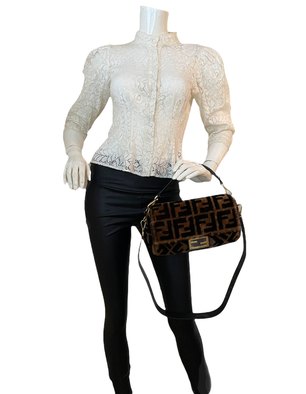 Fendi Brown Monogram Sheepskin Baguette NM Bag w/ Two Straps Rovelle Bags