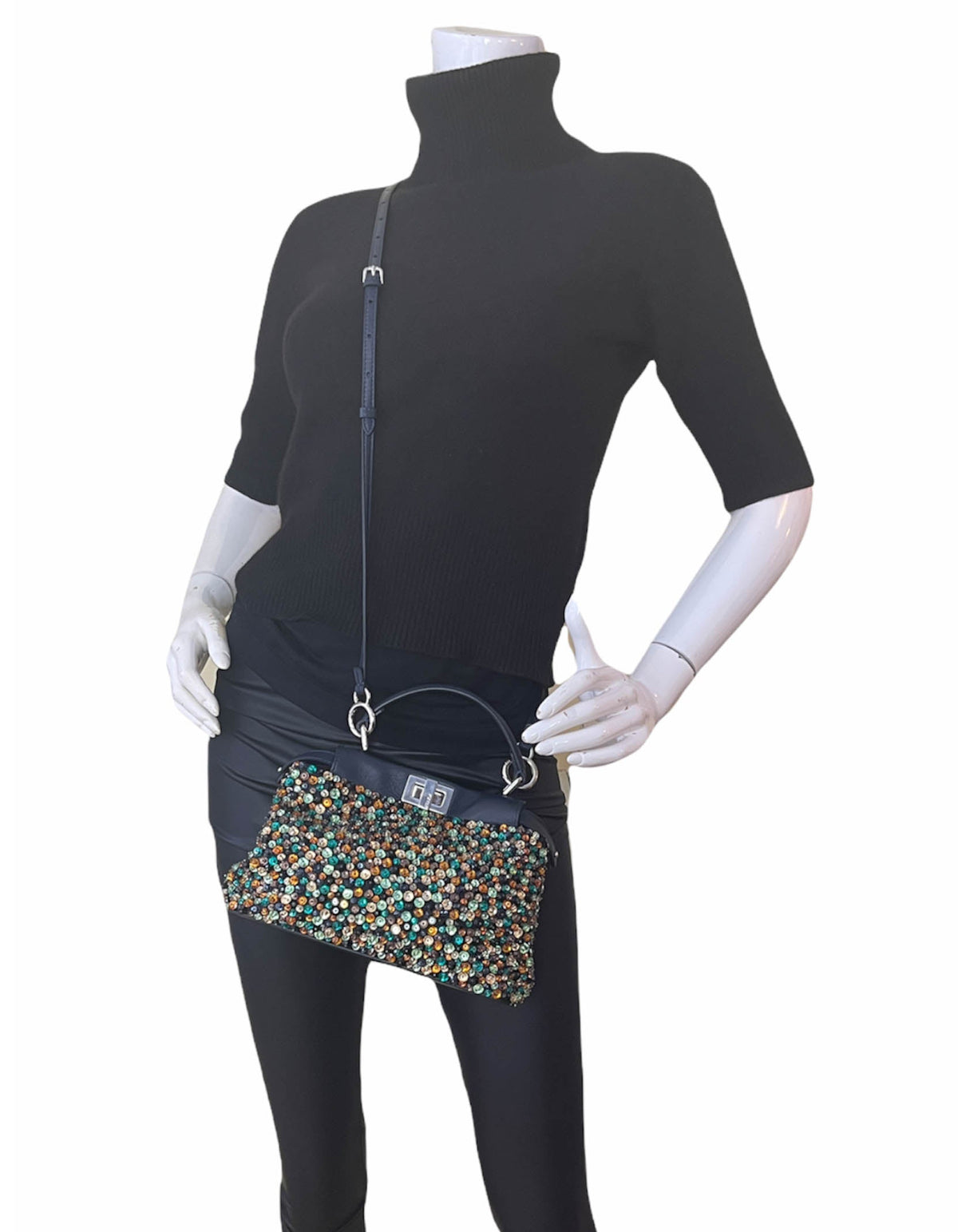 Fendi Navy Leather Mini Peekaboo Crossbody w/ Multicolor Jewels Rovelle Bags