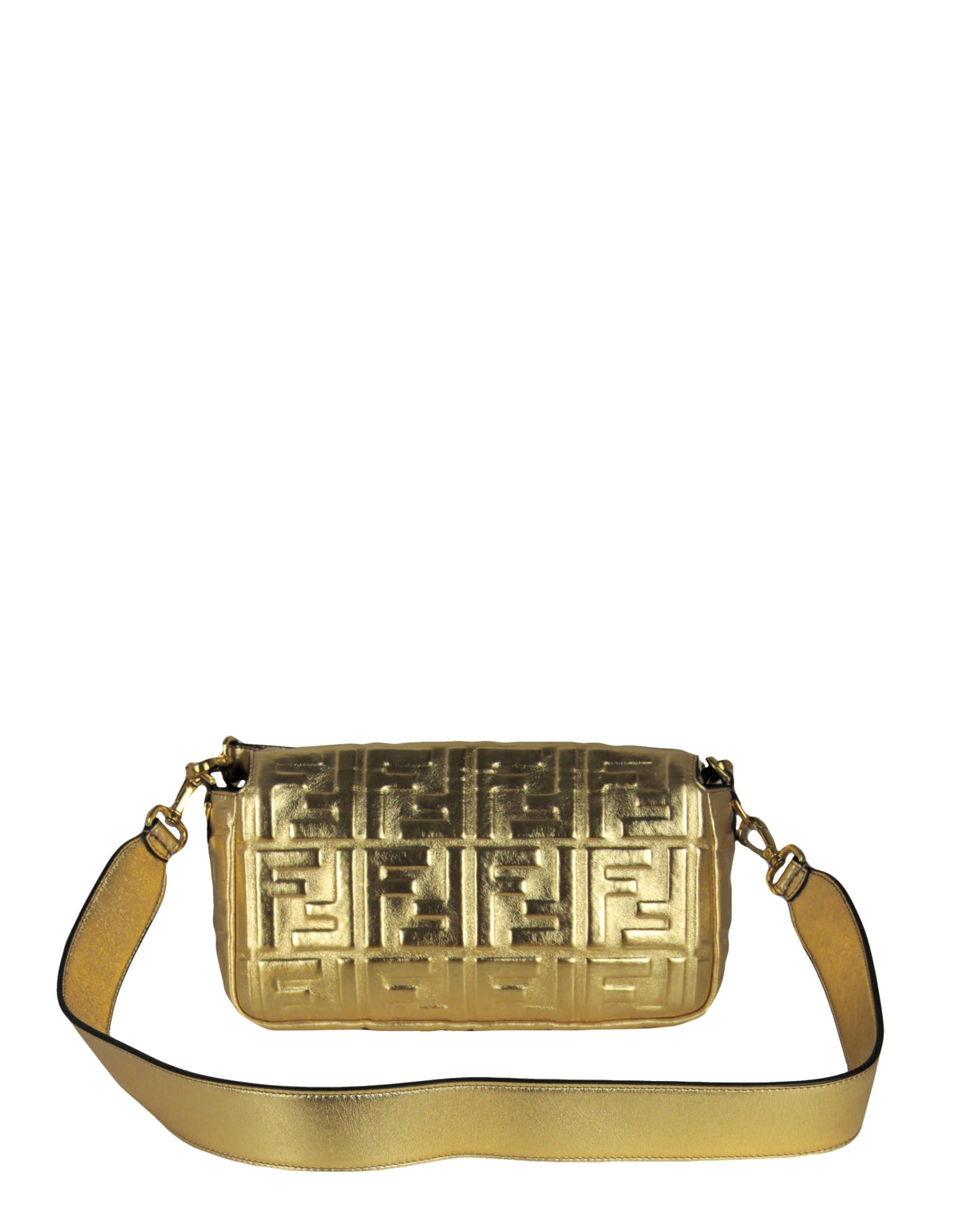 Fendi Gold Leather Embossed Logo Baguette NM Bag w/ Two Straps Rovelle Bags