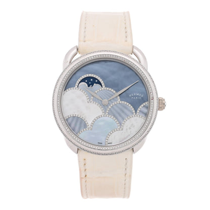 18K White Gold Alligator Diamond Bezel Mother of Pearl 38mm Arceau Petite Lune Dans Les Nuages Automatic Watch Blanc