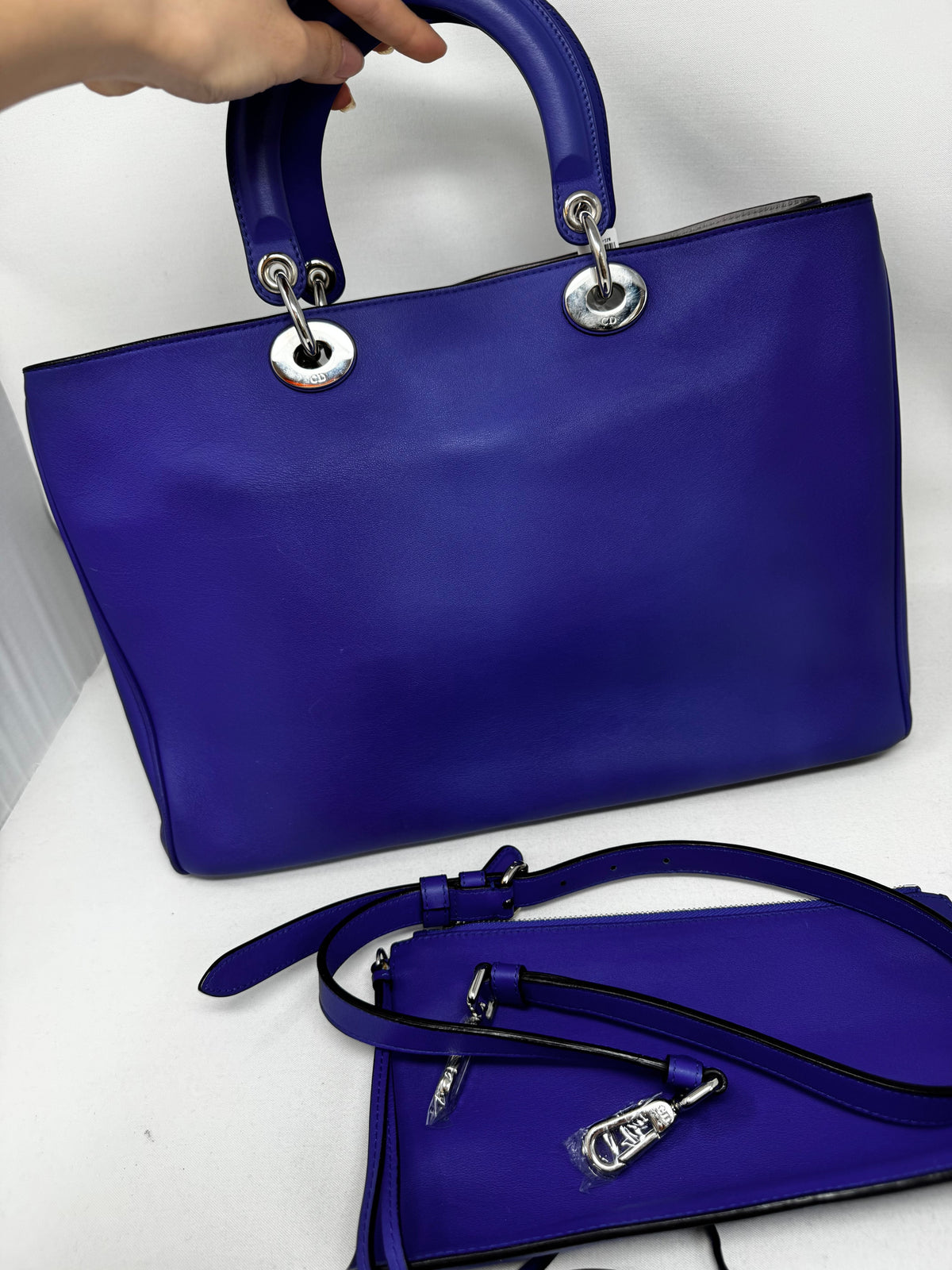 Christian Dior Dark Blue Satin-Finish Calfskin Leather Large Diorissimo Tote Bag Bj1-01 Rovelle Bags