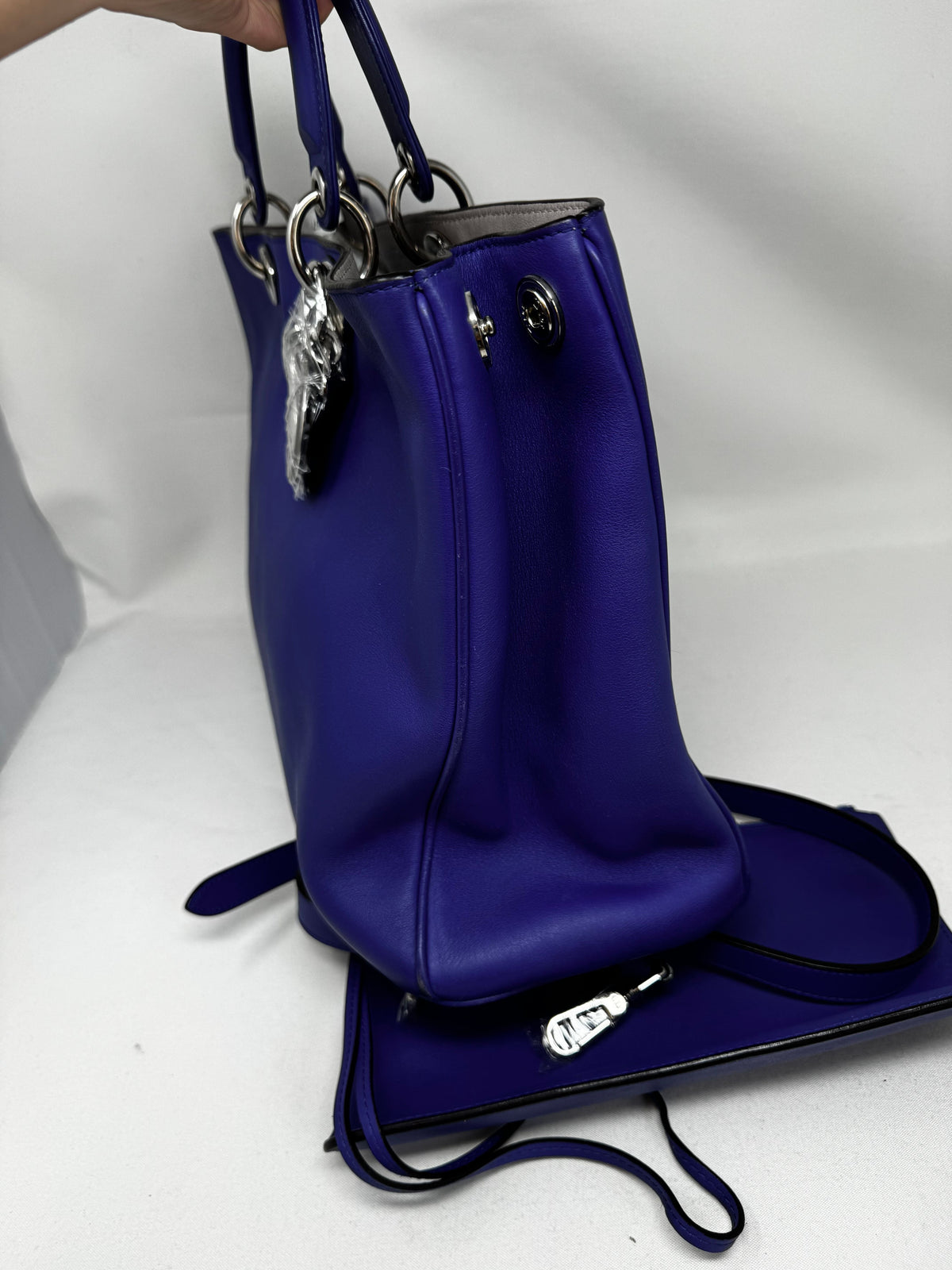 Christian Dior Dark Blue Satin-Finish Calfskin Leather Large Diorissimo Tote Bag Bj1-01 Rovelle Bags