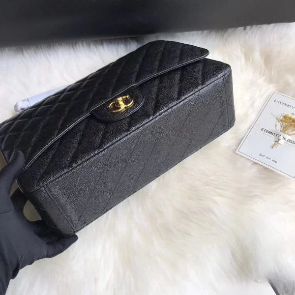 Chanel Classic Double Flap 30 Caviar Shoulder Bag Black Golden Hardware