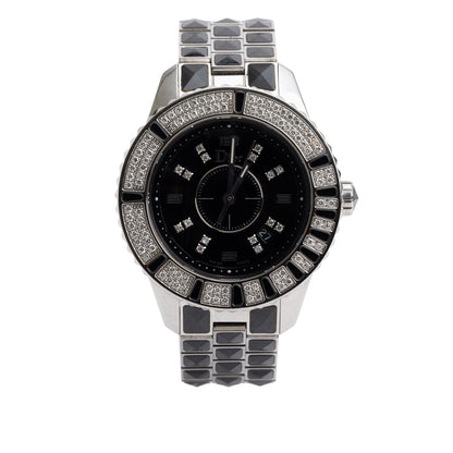 Christian Dior Stainless Steel Christal Diamond Bezel 33 MM Quartz Watch Black Diamond Dial CD114311
