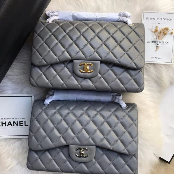 Chanel Classic Double Flap 30 Shoulder Bag Grey Silver Hardware