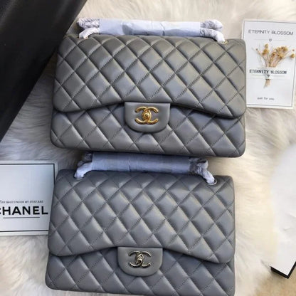 Chanel Classic Double Flap 30 Shoulder Bag Grey Silver Hardware