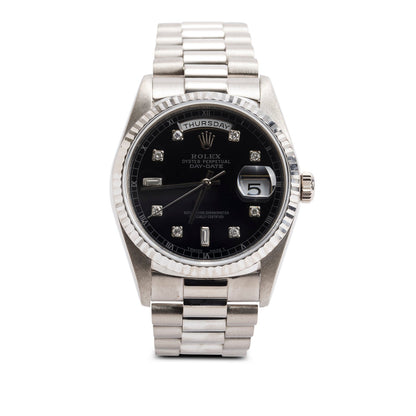 Rolex 18k White Gold Day Date 36 MM President Watch Black Diamond Dial 18239