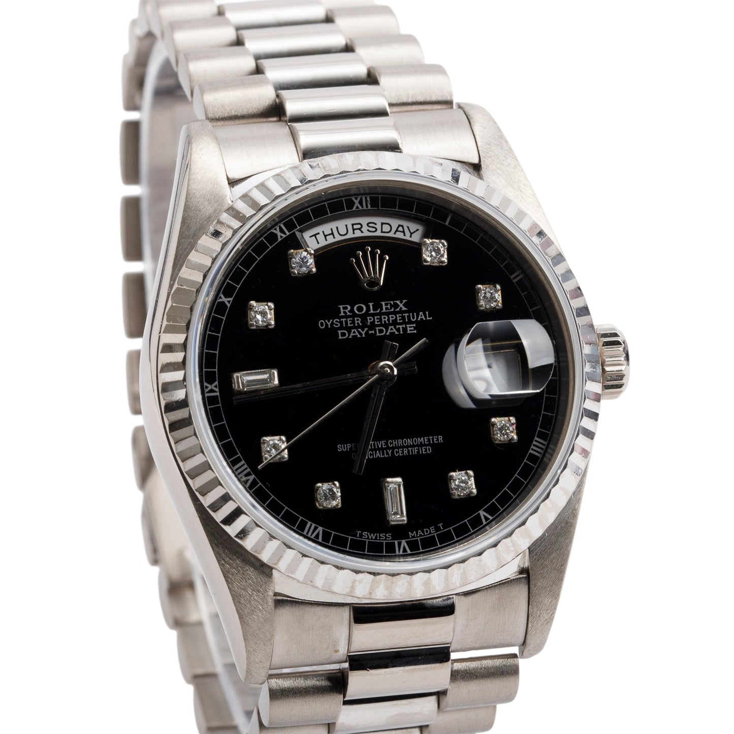 Rolex 18k White Gold Day Date 36 MM President Watch Black Diamond Dial 18239